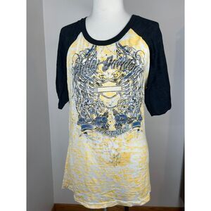 Harley-Davidson L 3/4 Sleeve Burnout Rhinestone Bling Top Shirt Americana Y2K